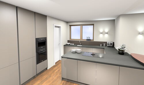 Moderne Küche mit grauen Schränken, Kochinsel mit Induktionsfeld, eingebautem Backofen und Mikrowelle, Fenster über Spüle