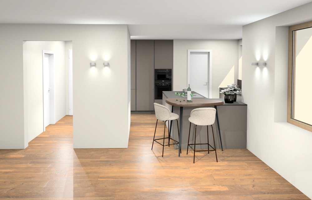 Moderne offene Küche mit Holzfußboden, zentraler Insel mit zwei Hockern und eingebauten Küchengeräten in grauen Schränken