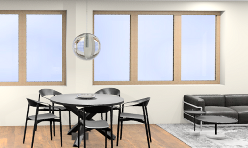 Essbereich mit rundem schwarzen Tisch, vier schwarzen Stühlen, moderner Hängeleuchte und grauem Sofa neben drei großen Fenstern